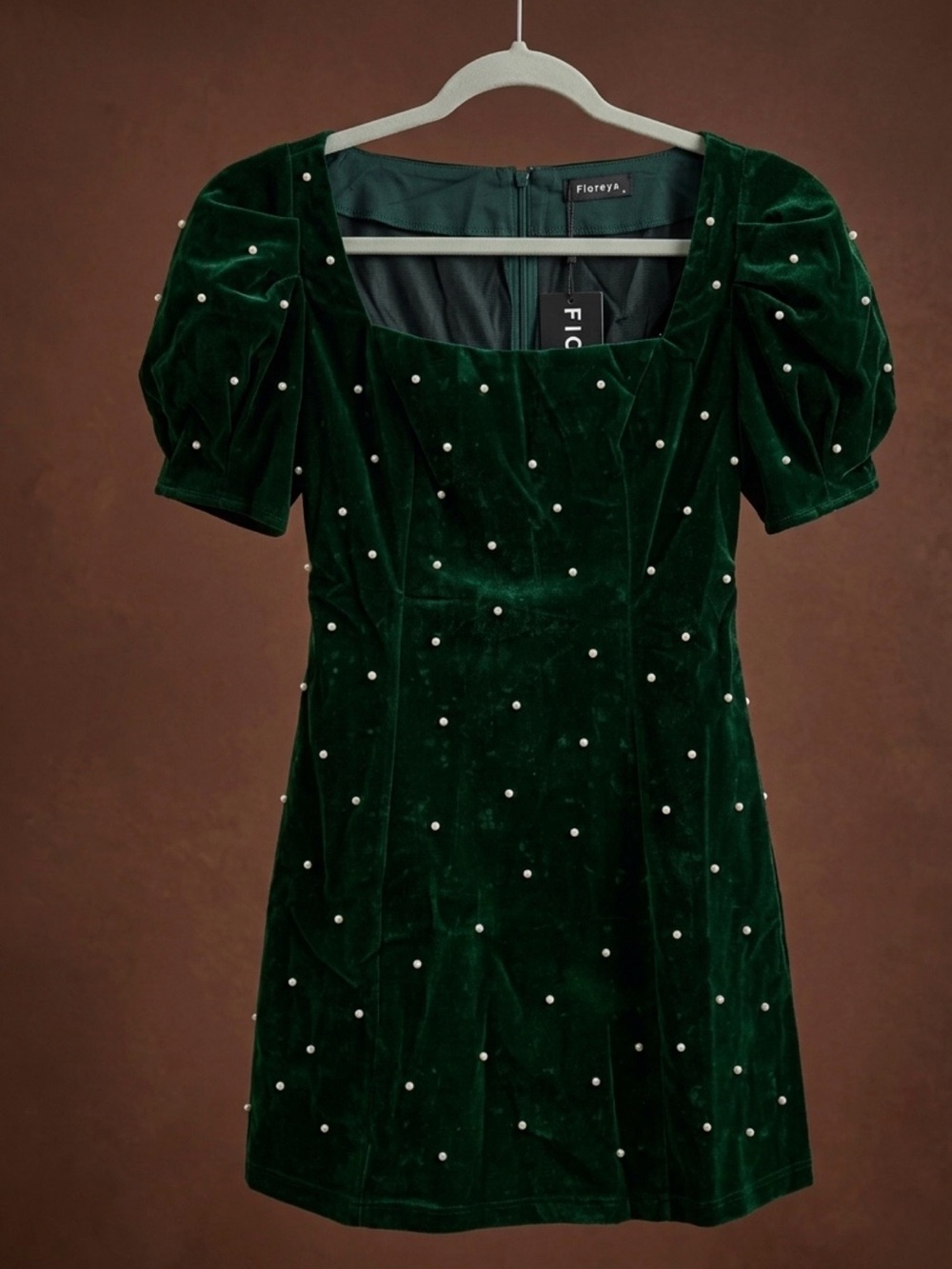 Emerald Green Velvet Pearl-Embellished Mini Dress